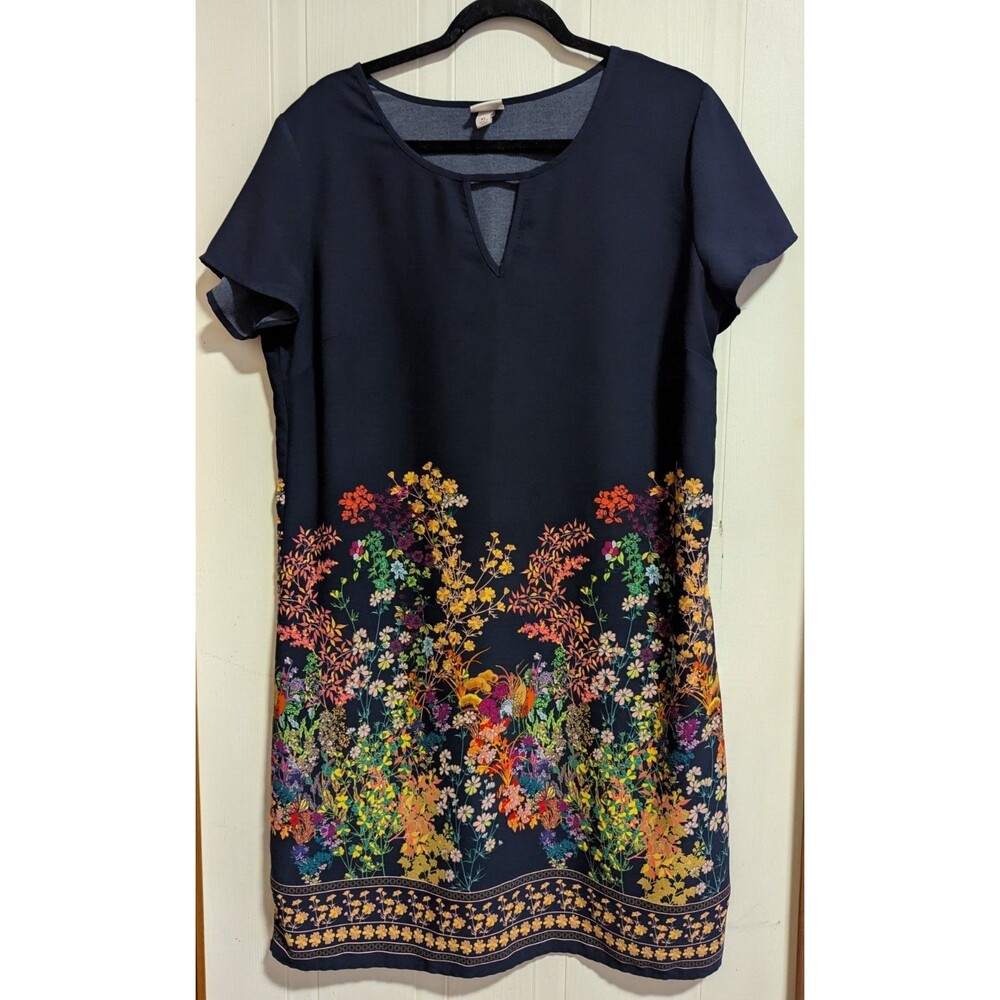 Merona Navy Floral Shift Dress XL Round Neck Keyhole Pullover Cap Sleeve Midi